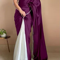 LADY SHOPI Colourblocked Beads & Stones Satin Half and Half Saree-image-11