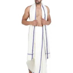 Exotic India Men Pure Cotton Plain Dhoti and Angavastram Set with Striped Border-image-34