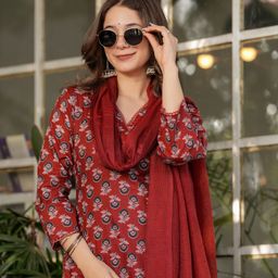 Anouk Maroon Floral Printed V-Neck Pure Cotton Straight Kurta With Trouser & Dupatta-1
