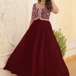 KALINI Floral Embroidered Sequinned Georgette Fit & Flare Maxi Ethnic Dress-picture-14