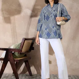 all about you Geometric Print Mandarin Collar Puff Sleeve Top-image-15