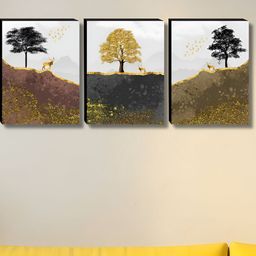 SAF Gold-Toned & White 3 Pieces Tree Printed Wooden Wall Paintings-image-78