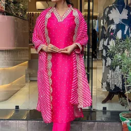 Royal Export Women Bandhani Embroidered Regular Sequinned Kurta Trousers & With Dupatta-13
