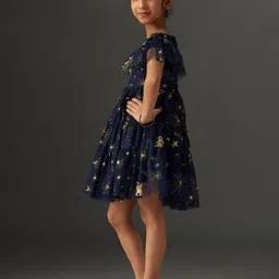 KidsDew Star Print Flutter Sleeve Net Fit & Flare Dress image 4