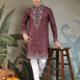 ODETTE Men Embroidered Flared Sleeves Mirror Work Anarkali Kurta-image-89