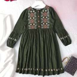 Bella Moda Girls Embroidered Cuffed Sleeves Cotton Fit & Flare Dress-picture-28