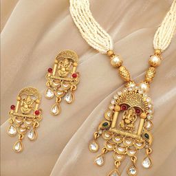 ORANGENYSHA Gold-Plated Stones Studded & Pearls-Beaded Jewellery Set-image-75