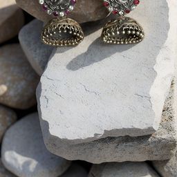 Bucciato Private Limited Stones Studded And Ghungroo Beaded Dome Shaped Oxidised Jhumkas-image-15