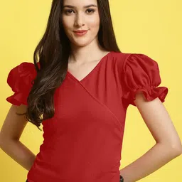 Metronaut Women Solid V-Neck Puff Sleeves Top-picture-14