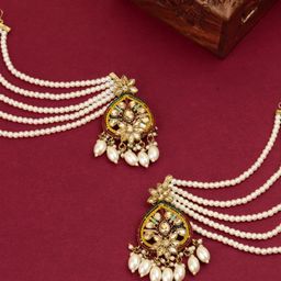Rukhmani Gold Plated Artificial Stone Studded & Pearls Beaded Contemporary Drop Earrings-10