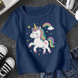 FIONAA TRENDZ Kids Unisex Navy Blue Unicorn Printed Pure Cotton Round Neck T-shirt-picture-25