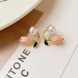 KRENOZ Gold-Plated Pearls Studded Floral Shaped Studs-11