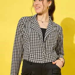 DIMPY GARMENTS Houndstooth Printed Notched Lapel Single Breasted Crop Blazer-image-18