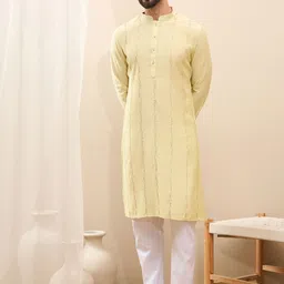 House of Pataudi Geometric Embroidered Sequinned Mandarin Collar Straight Kurta-picture-43