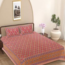 FrionKandy Living Red & Blue Floral 180 TC King Bedsheet with 2 Pillow Covers-image-100