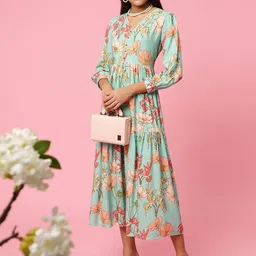 Shree Floral Print V-Neck Cuffed Sleeves Layered Liva Fit & Flare Maxi Dress-picture-23