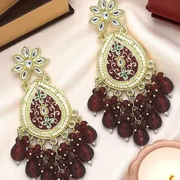 FEMMIBELLA Gold Plated Kundan Studded Meenakari Teardrop Shaped Drop Earrings-42