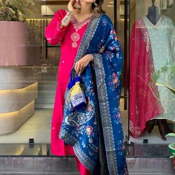 KALINI Ethnic Motifs Embroidered Regular Chanderi Silk Kurta with Trouser & Dupatta image 5