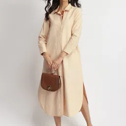 Pink Fort Women Linen Blend Solid Shirt Dress Beige-image-34