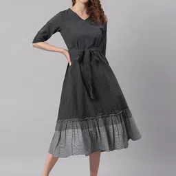 KALINI Striped Tie-Ups Detail Cotton Fit & Flare Midi Dress-image-76