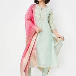 max Floral Embroidered Sequinned Notch Neck Straight Kurta with Trousers & Dupatta-picture-2