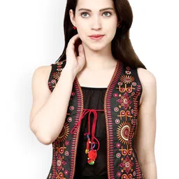 Prijam Women Collarless Self Design Ethnic Denim Jacket-11