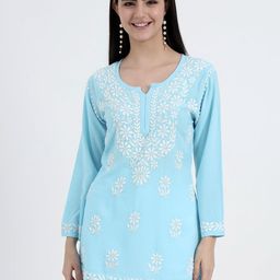 The Chikan Label Sky Blue Ruzina Rayon Chikankari Short Kurti-image-12