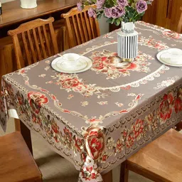 Dakshya Industries Brown Floral Waterproof Plastic 6-Seater Table Cover-image-56