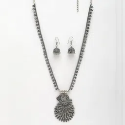 Sangria Women Silver Toned Peacock Design Oxidized Necklace with Jhumka Earrings-21
