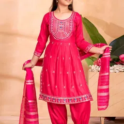 Aarika Girls Floral Embroidered Round Neck Cotton Blend Kurta With Patiala & Dupatta-picture-49