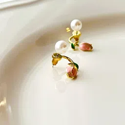 PolluxCraft Korean Gold-Plated Pearl Zircon Stone Studded Contemporary Studs-picture-8