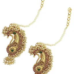 FEMMIBELLA Gold-Plated Artificial Stones Studded & Beaded Dome Shaped Jhumkas With Chain image 2