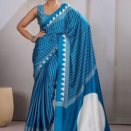Anouk Rustic Geometric Printed Satin Leheriya Saree-picture-8