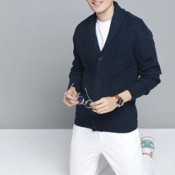 Men Self Design Dark Blue Sweater-image-13