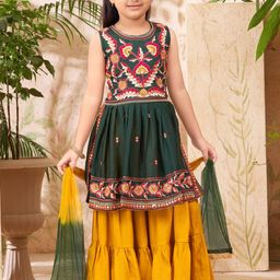 BAESD Girls Ethnic Motifs Embroidered Panelled Mirror Work Pure Silk Kurta with Sharara & With Dupatta-image-50