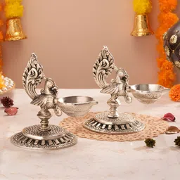 Homspurts 2-Pcs Silver Antique German Peacock Glow Diyas-image-6