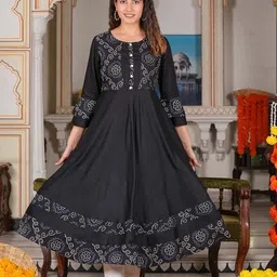 IKRASS Women Bandhani Printed Bell Sleeves Thread Work Anarkali Kurta-14