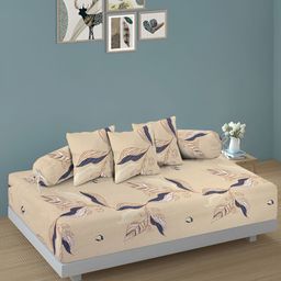 Aura Set Of 6 Cream & Grey Printed Leaf TC Cotton Diwan Set-25