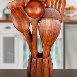 Cooking Spoon Set Of 7 With Barrel Shape Cutlery Holder Kitchen Tool Set-image-21