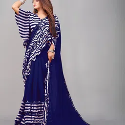 b4me.com B4ME COM Navy Blue & White Sequinned Pure Georgette Ruffled Saree image 3