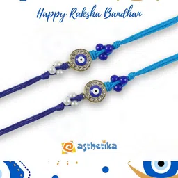 Asthetika Set of 2 Evil Eye Diamond Studded Thread Rakhi With Roli Chawal image 2