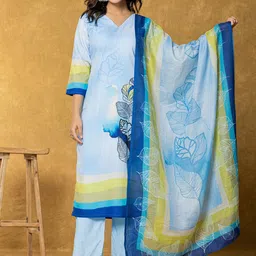 Yufta Floral Printed V-Neck Regular Linen Kurta With Trousers & Dupatta-picture-9