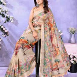MORDEN MUSE Printed Linen Shimmer Saree With Blouse Piece-picture-6