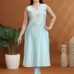 COTTON CULTURE Women Printed Embroidered Pure Cotton Kurta with Trousers-image-18