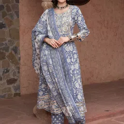 Sangria Floral Printed With Embroidered Pure Cotton Kurta With Trousers & Dupatta-16