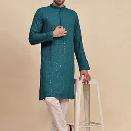 SKAVIJ Men Embroidered Regular Sequinned Pure Cotton Kurta with Pyjamas-picture-16