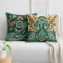 STITCHNEST Green & Orange 2 Pieces Ethnic Motifs Satin Square Cushion Covers-image-50