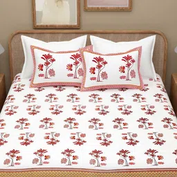 Adwitiya White & Red Floral 300 TC Pure Cotton Queen Bedsheet Set 2.74 m x 2.74 m-image-98