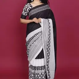 TROPWEAR Ethnic Motifs Linen Blend Block Print Saree-13