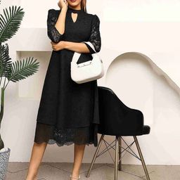 MARC LOUIS Self Design Keyhole Neck Fit & Flare Midi Dress-image-26